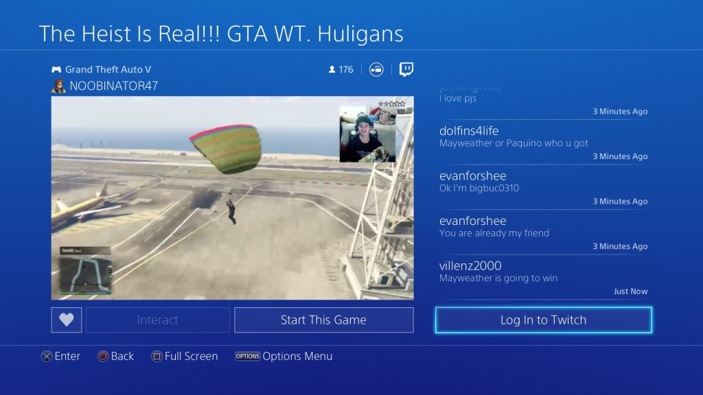 From my PS4 watching a gamer play GTA V live.