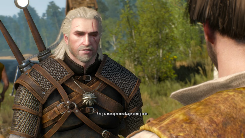 Geralt speaking to a local that was helped earlier in the game.